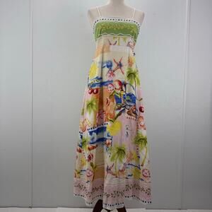 Womens Linen Blend Tropical Print Smocked Maxi Dress Summer Vacation Coastal